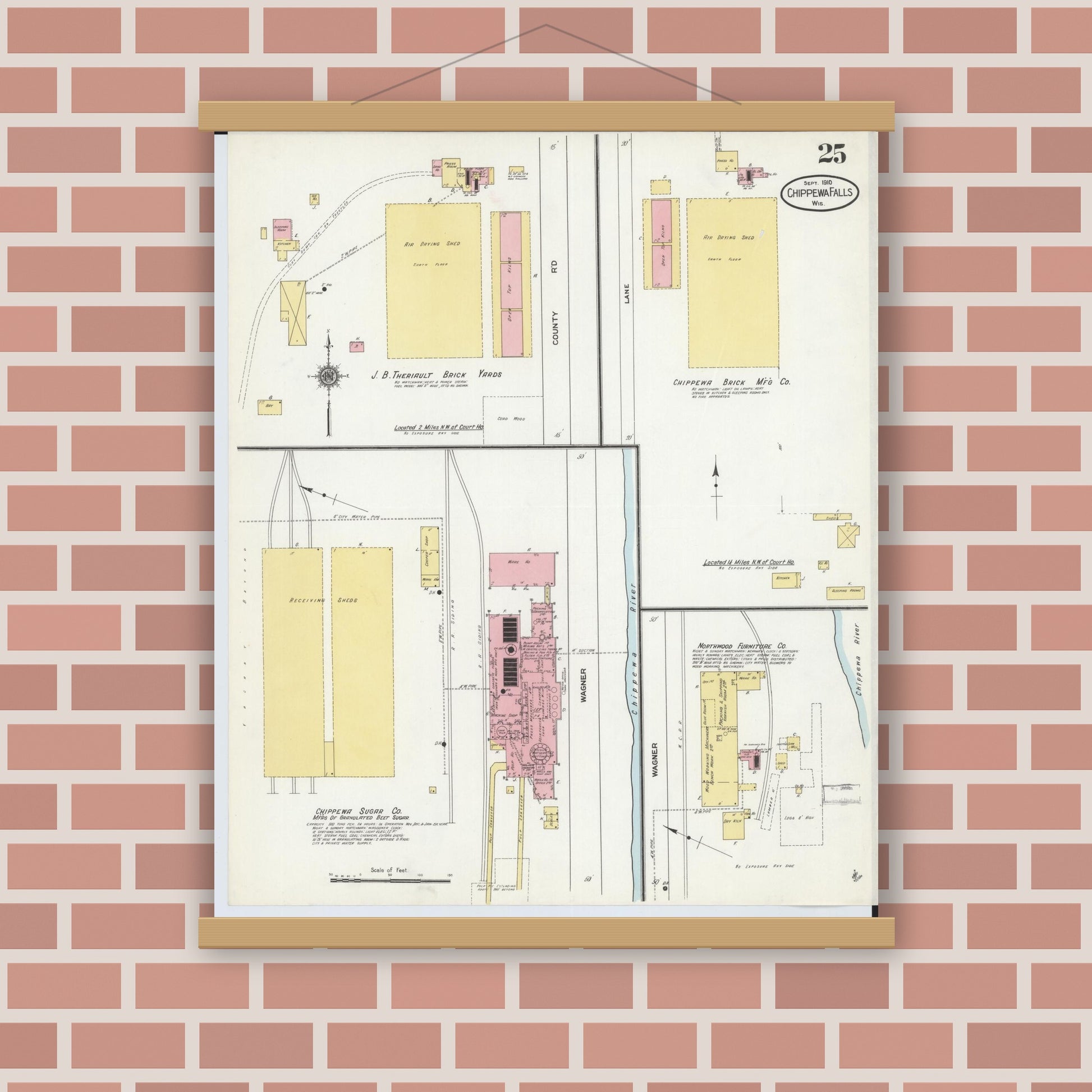 Old map wall art mockup — magnetic wood frame on brick wall — Sanborn Fire Insurance Map from Chippewa Falls, Chippewa County, Wisconsin (1910), Sheet #0025