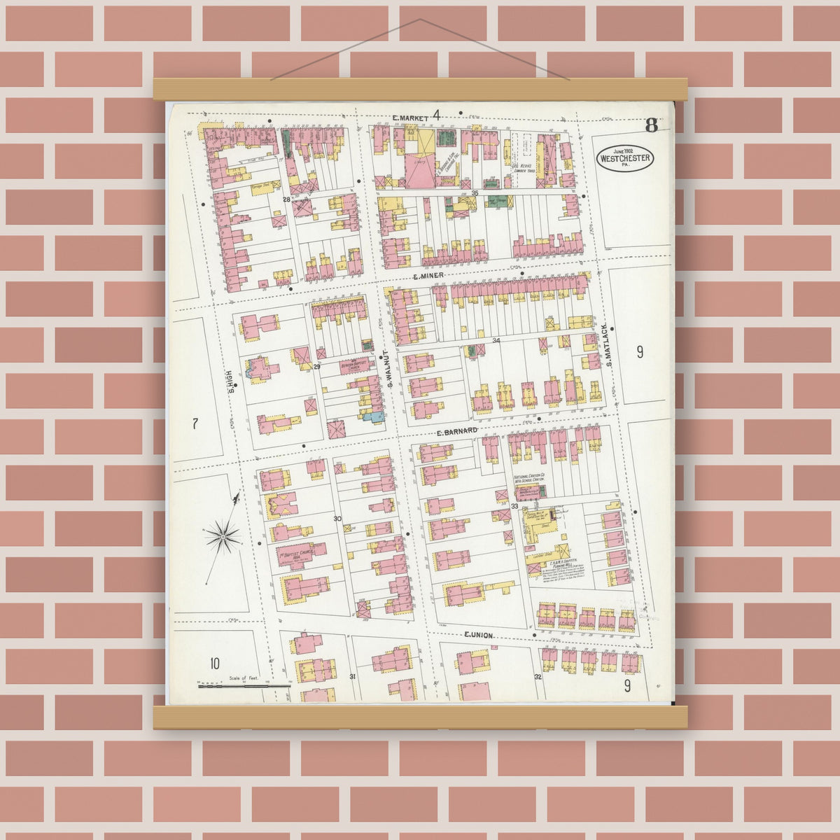 Old map wall art mockup — magnetic wood frame on brick wall — Sanborn Fire Insurance Map from West Chester, Chester County, Pennsylvania (1902), Sheet #0008