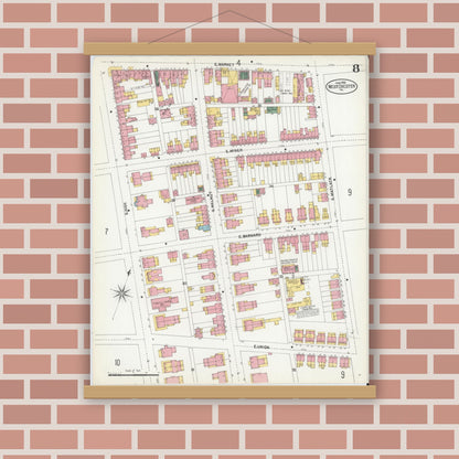 Old map wall art mockup — magnetic wood frame on brick wall — Sanborn Fire Insurance Map from West Chester, Chester County, Pennsylvania (1902), Sheet #0008