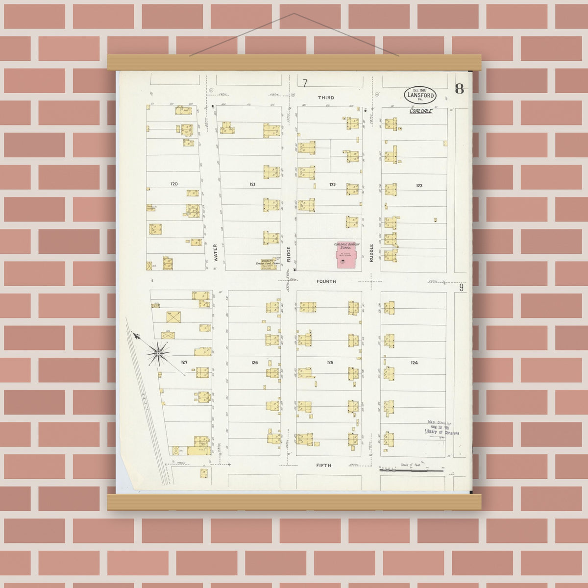 Old map wall art mockup — magnetic wood frame on brick wall — Sanborn Fire Insurance Map from Lansford, Carbon County, Pennsylvania (1908), Sheet #0008