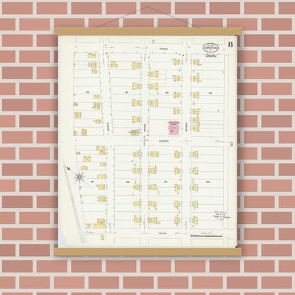 Old map wall art mockup — magnetic wood frame on brick wall — Sanborn Fire Insurance Map from Lansford, Carbon County, Pennsylvania (1908), Sheet #0008