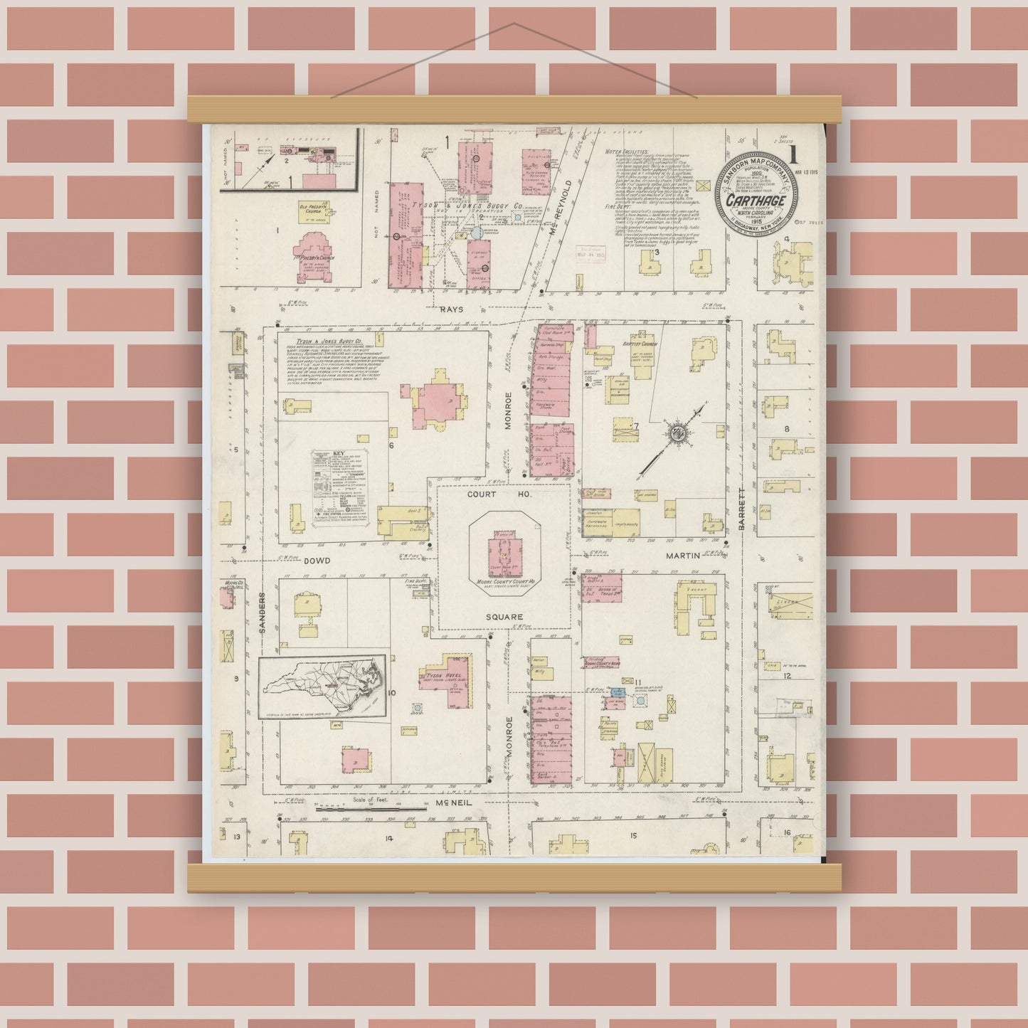 Old map wall art mockup — magnetic wood frame on brick wall — Sanborn Fire Insurance Map from Carthage, Moore County, North Carolina (1915) - Complete Map Set