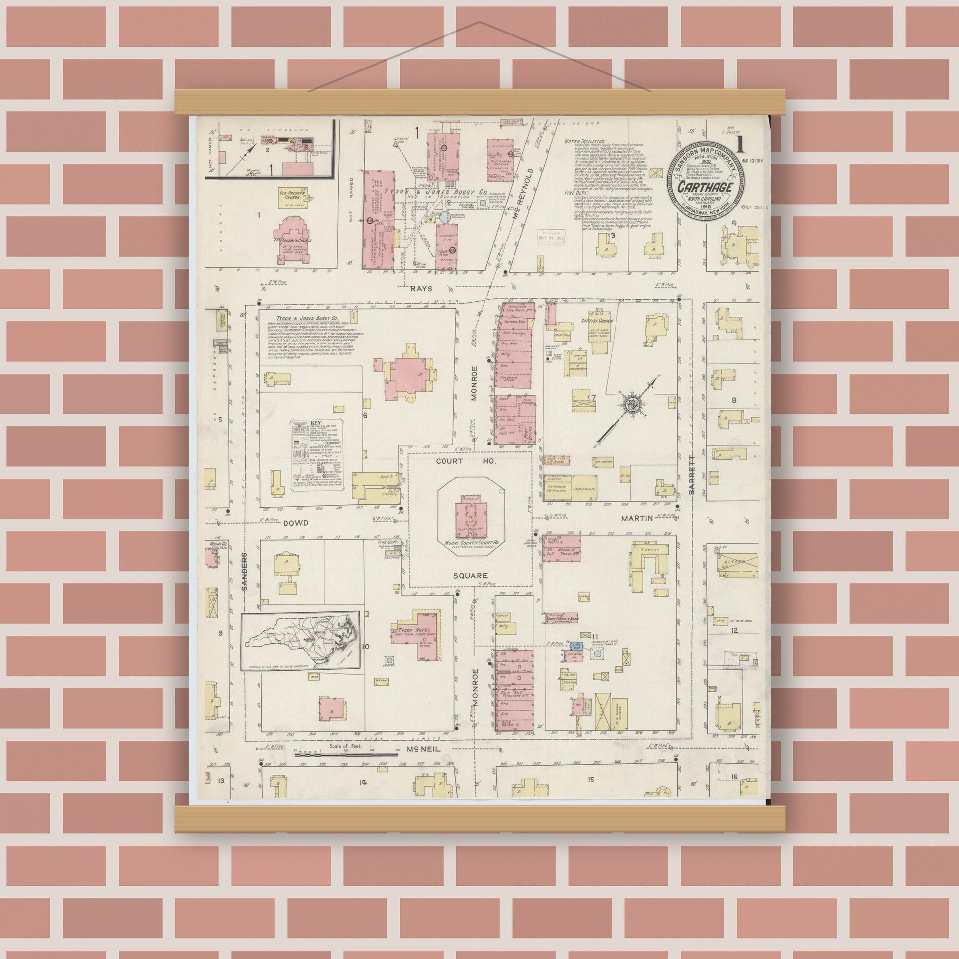 Old map wall art mockup — magnetic wood frame on brick wall — Sanborn Fire Insurance Map from Carthage, Moore County, North Carolina (1915) - Complete Map Set
