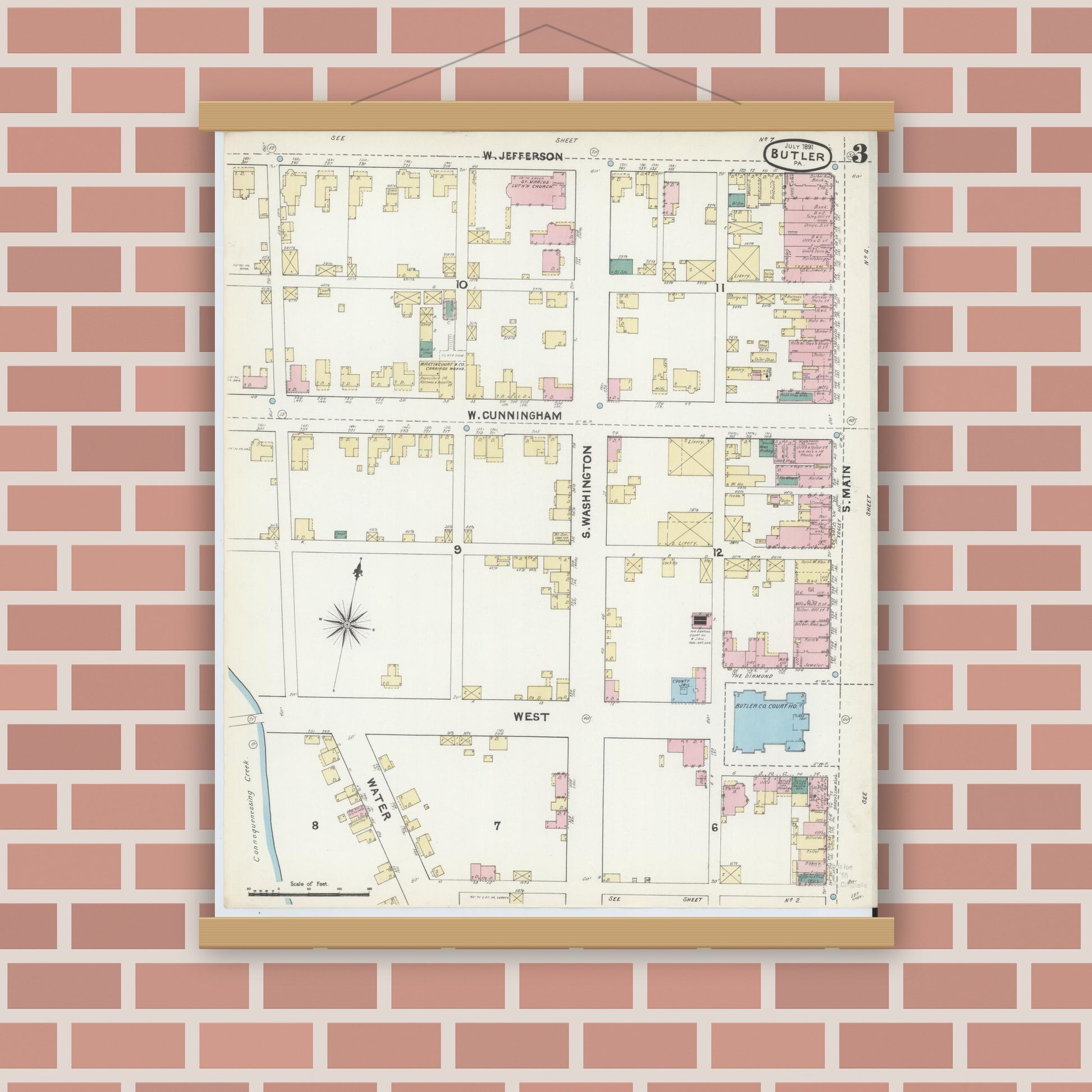 Old map wall art mockup — magnetic wood frame on brick wall — Sanborn Fire Insurance Map from Butler, Butler County, Pennsylvania (1891), Sheet #0003