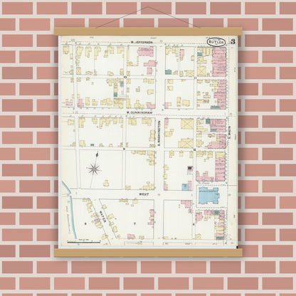 Old map wall art mockup — magnetic wood frame on brick wall — Sanborn Fire Insurance Map from Butler, Butler County, Pennsylvania (1891), Sheet #0003