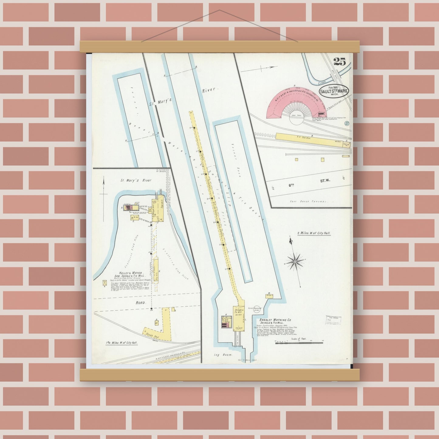 Old map wall art mockup — magnetic wood frame on brick wall — Sanborn Fire Insurance Map from Sault Sainte Marie, Chippewa County, Michigan (1902), Sheet #0025