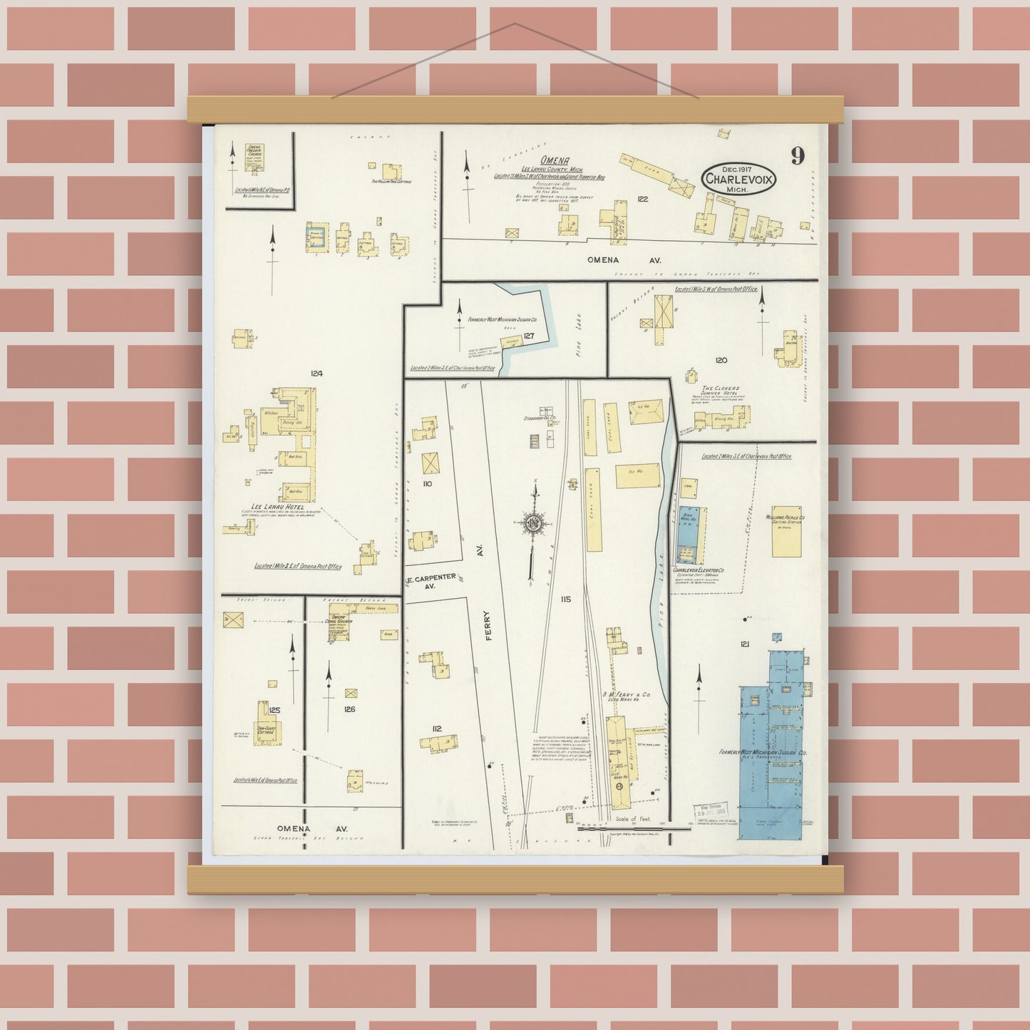 Old map wall art mockup — magnetic wood frame on brick wall — Sanborn Fire Insurance Map from Charlevoix, Charlevoix County, Michigan (1917), Sheet #0009