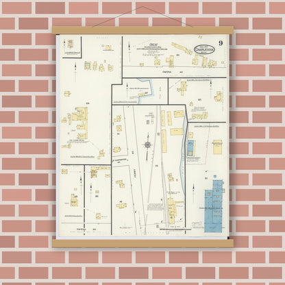 Old map wall art mockup — magnetic wood frame on brick wall — Sanborn Fire Insurance Map from Charlevoix, Charlevoix County, Michigan (1917), Sheet #0009