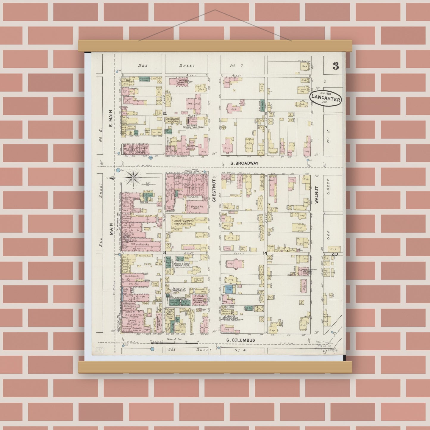 Old map wall art mockup — magnetic wood frame on brick wall — Sanborn Fire Insurance Map from Lancaster, Fairfield County, Ohio (1889), Sheet #0003