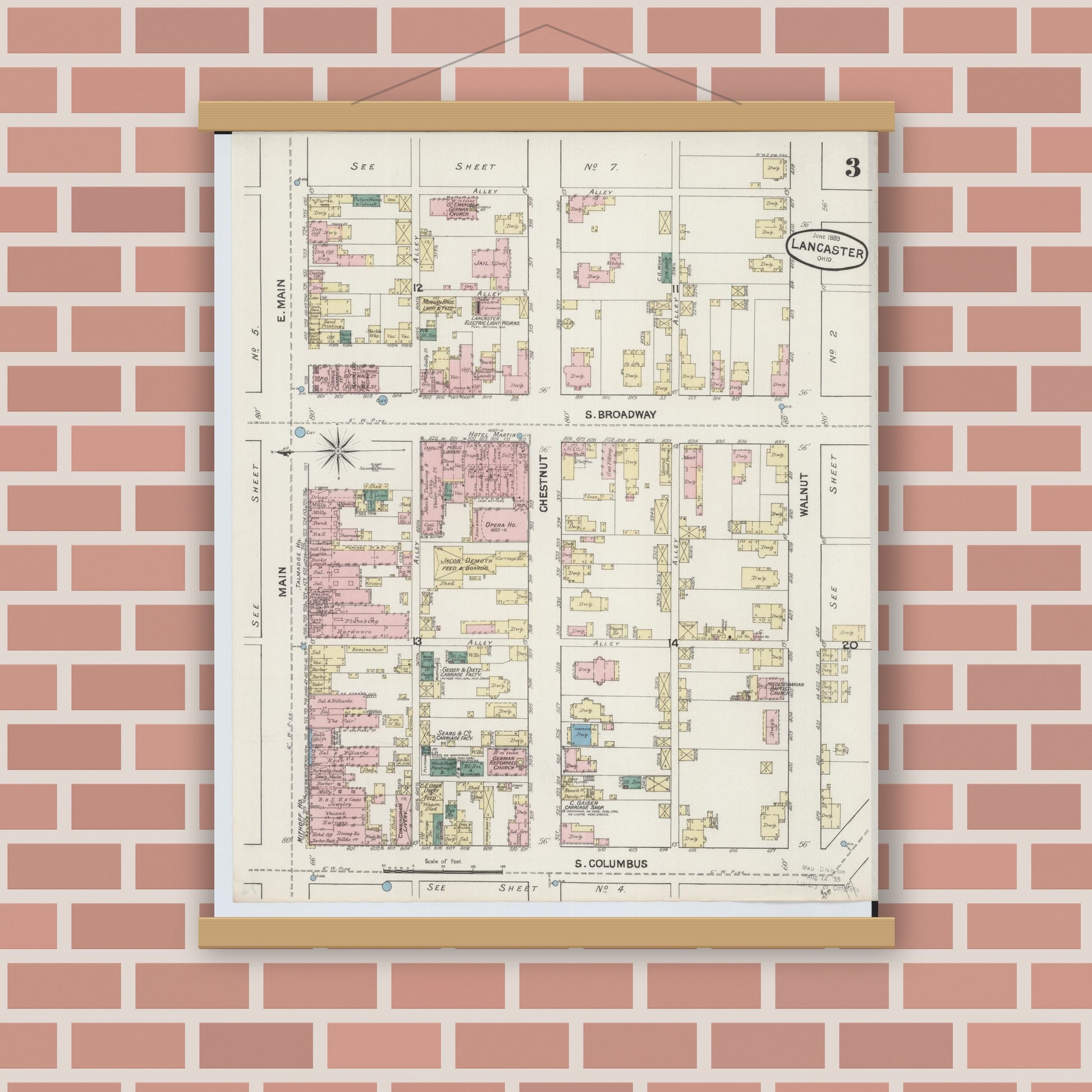 Old map wall art mockup — magnetic wood frame on brick wall — Sanborn Fire Insurance Map from Lancaster, Fairfield County, Ohio (1889), Sheet #0003