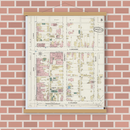 Old map wall art mockup — magnetic wood frame on brick wall — Sanborn Fire Insurance Map from Lancaster, Fairfield County, Ohio (1889), Sheet #0003