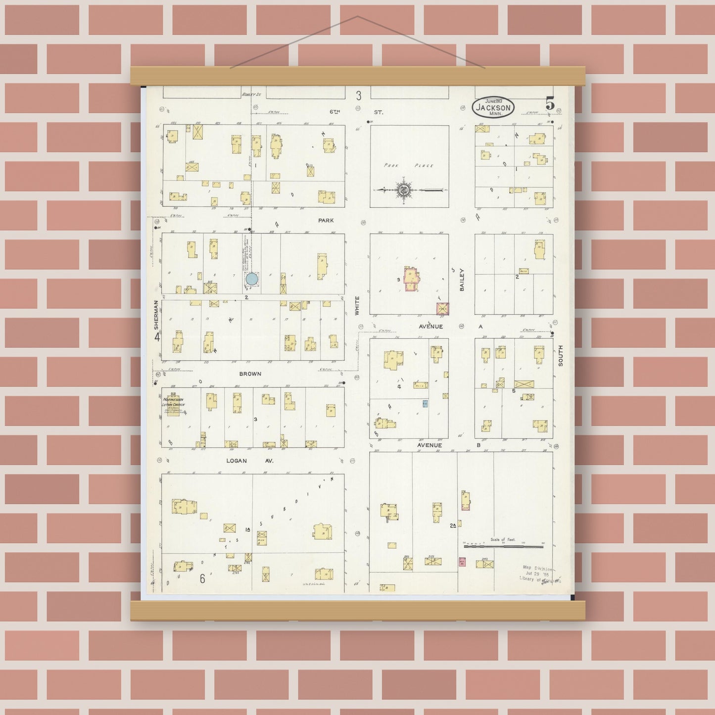 Old map wall art mockup — magnetic wood frame on brick wall — Sanborn Fire Insurance Map from Jackson, Jackson County, Minnesota (1913), Sheet #0005