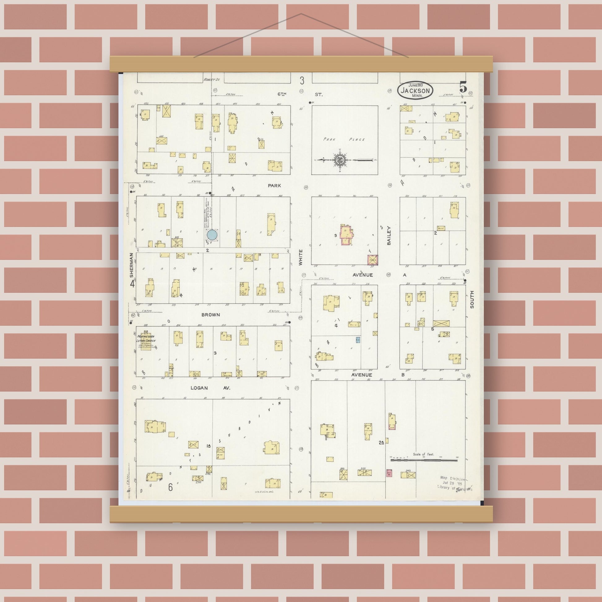 Old map wall art mockup — magnetic wood frame on brick wall — Sanborn Fire Insurance Map from Jackson, Jackson County, Minnesota (1913), Sheet #0005