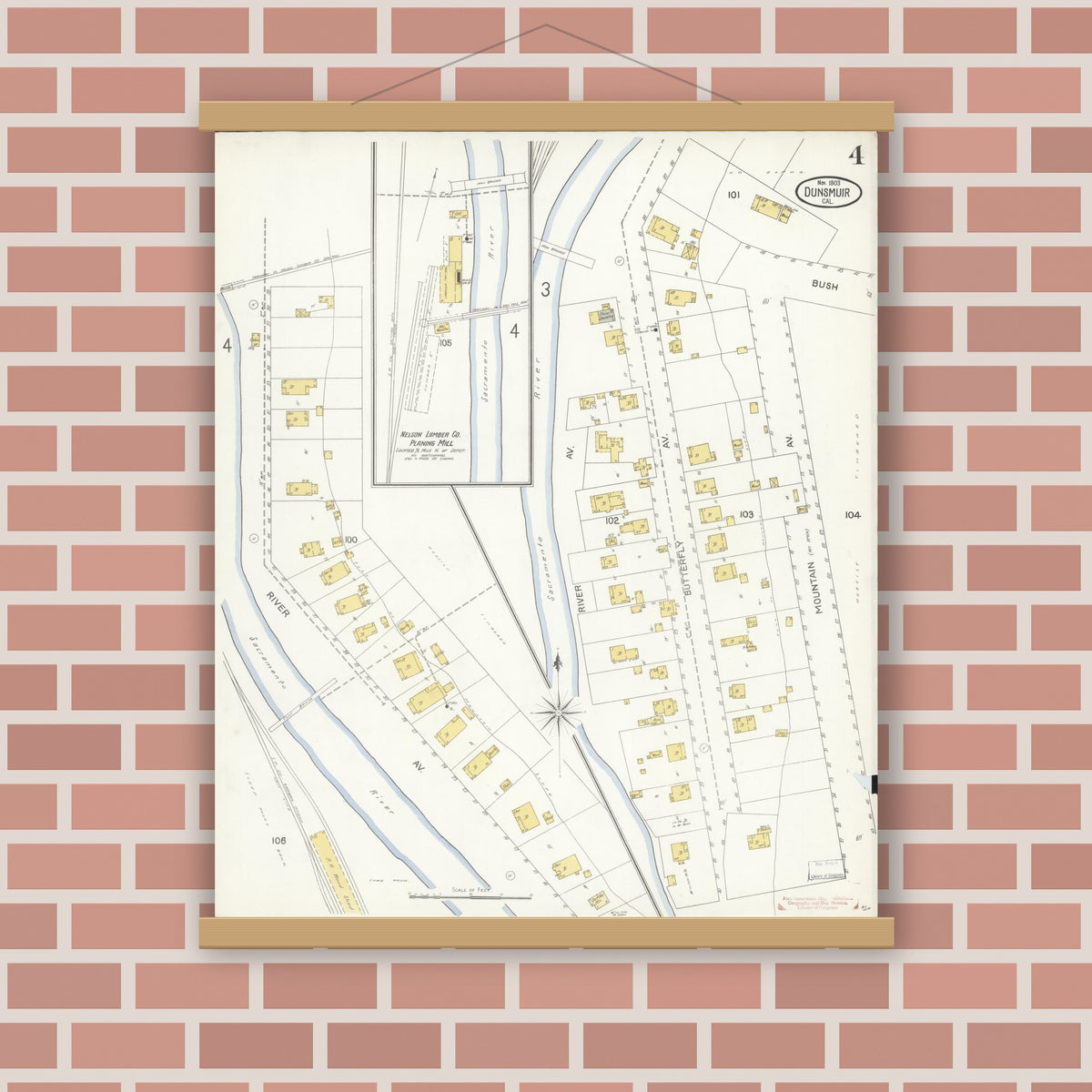Old map wall art mockup — magnetic wood frame on brick wall — Sanborn Fire Insurance Map from Dunsmuir, Siskiyou County, California (1903), Sheet #0004