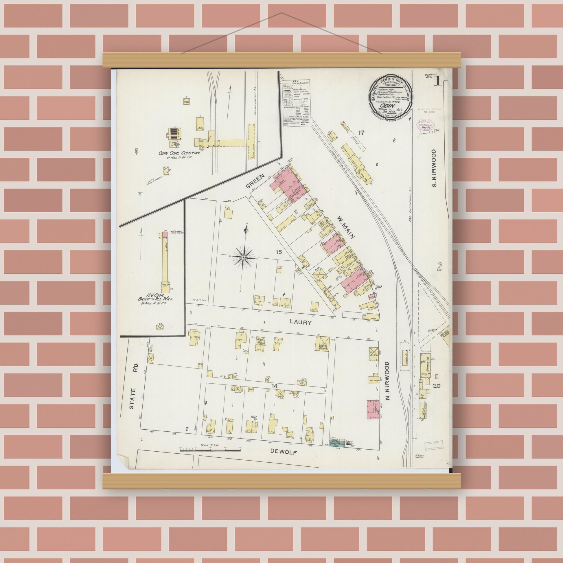Old map wall art mockup — magnetic wood frame on brick wall — Sanborn Fire Insurance Map from Odin, Marion County, Illinois (1893) - Complete Map Set