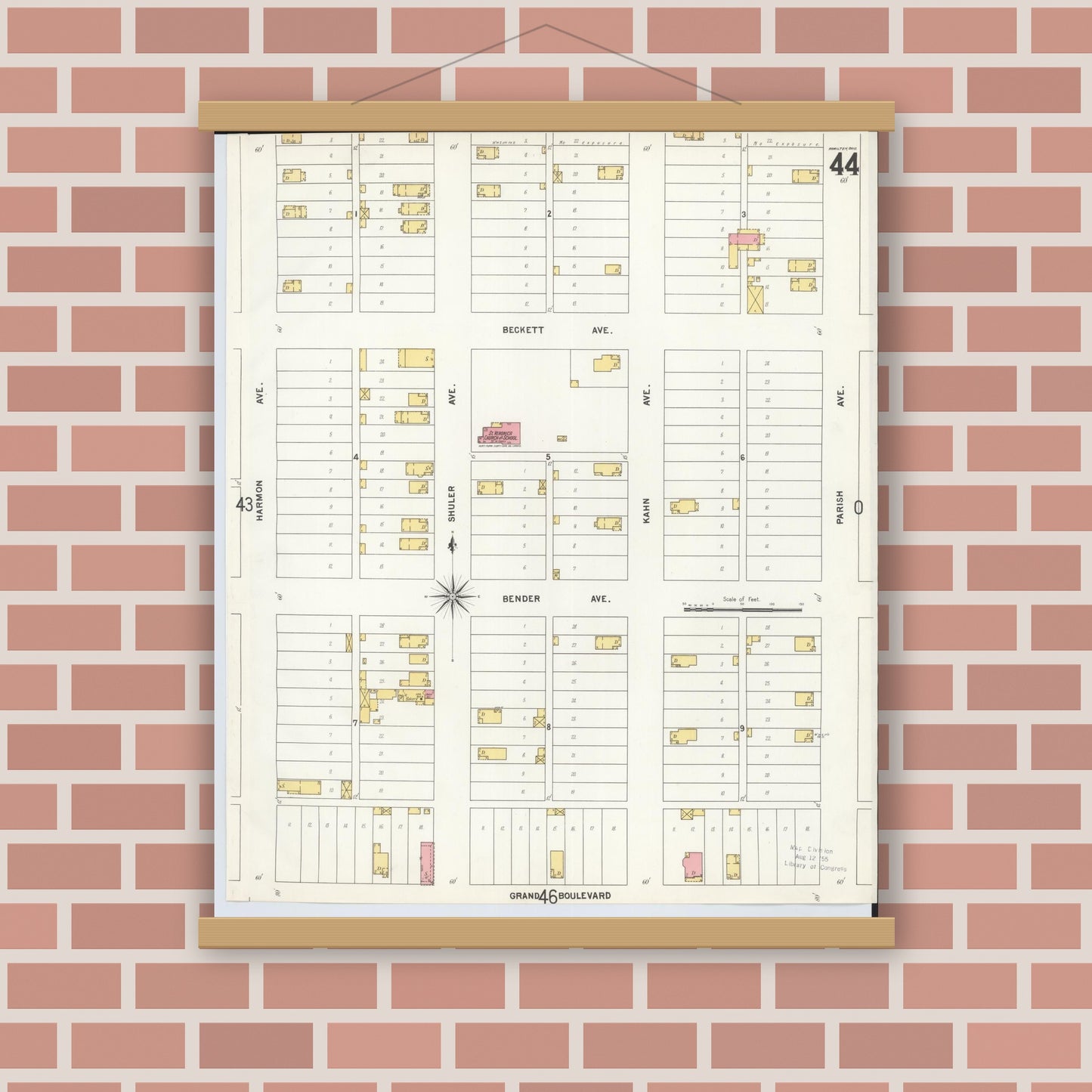 Old map wall art mockup — magnetic wood frame on brick wall — Sanborn Fire Insurance Map from Hamilton, Butler County, Ohio (1899), Sheet #0044