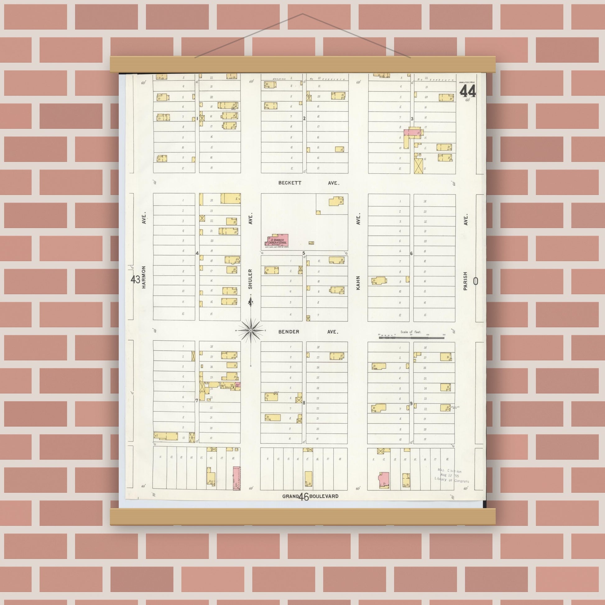 Old map wall art mockup — magnetic wood frame on brick wall — Sanborn Fire Insurance Map from Hamilton, Butler County, Ohio (1899), Sheet #0044