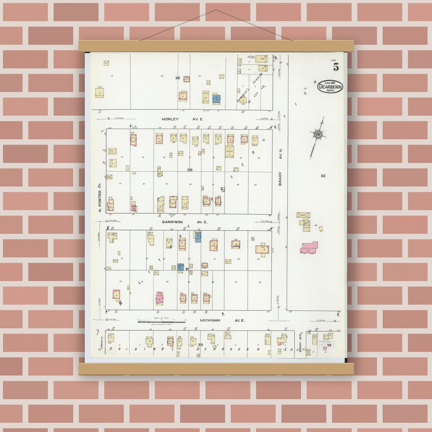 Old map wall art mockup — magnetic wood frame on brick wall — Sanborn Fire Insurance Map from Dearborn, Wayne County, Michigan (1921), Sheet #0005