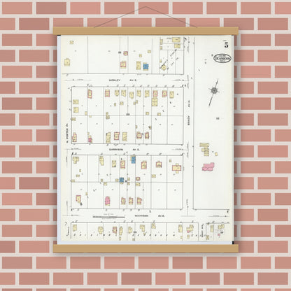 Old map wall art mockup — magnetic wood frame on brick wall — Sanborn Fire Insurance Map from Dearborn, Wayne County, Michigan (1921), Sheet #0005
