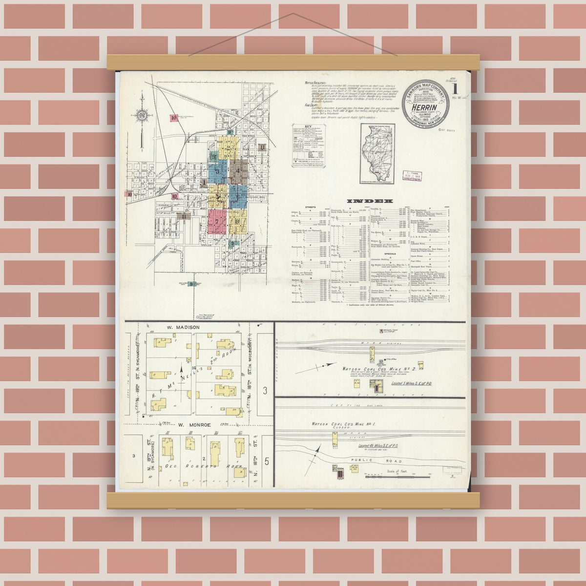 Old map wall art mockup — magnetic wood frame on brick wall — Sanborn Fire Insurance Map from Herrin, Williamson County, Illinois (1913) - Complete Map Set
