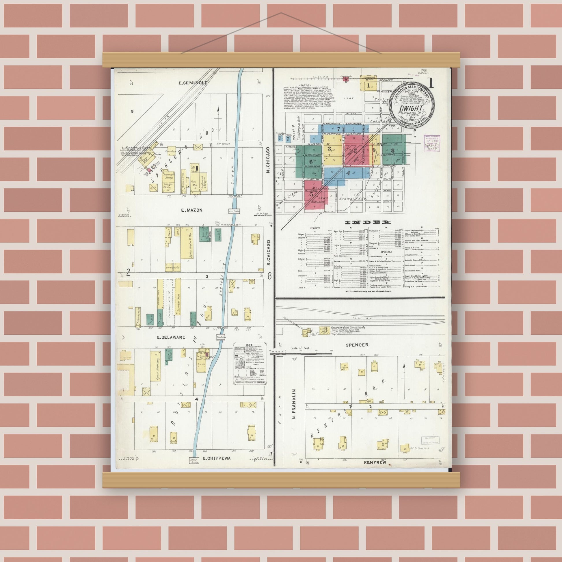 Old map wall art mockup — magnetic wood frame on brick wall — Sanborn Fire Insurance Map from Dwight, Livingston County, Illinois (1907), Sheet #0001