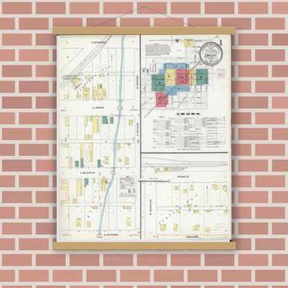 Old map wall art mockup — magnetic wood frame on brick wall — Sanborn Fire Insurance Map from Dwight, Livingston County, Illinois (1907), Sheet #0001