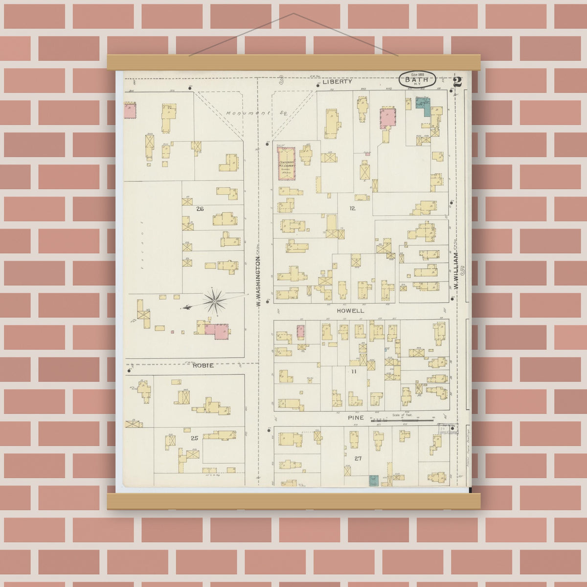 Old map wall art mockup — magnetic wood frame on brick wall — Sanborn Fire Insurance Map from Bath, Steuben County, New York (1893) - Complete Map Set