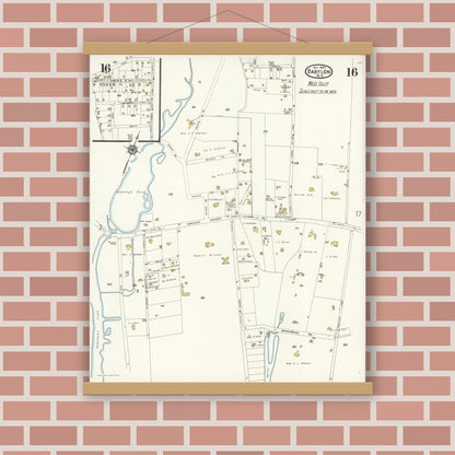 Old map wall art mockup — magnetic wood frame on brick wall — Sanborn Fire Insurance Map from Babylon, Suffolk County, New York (1923), Sheet #0016