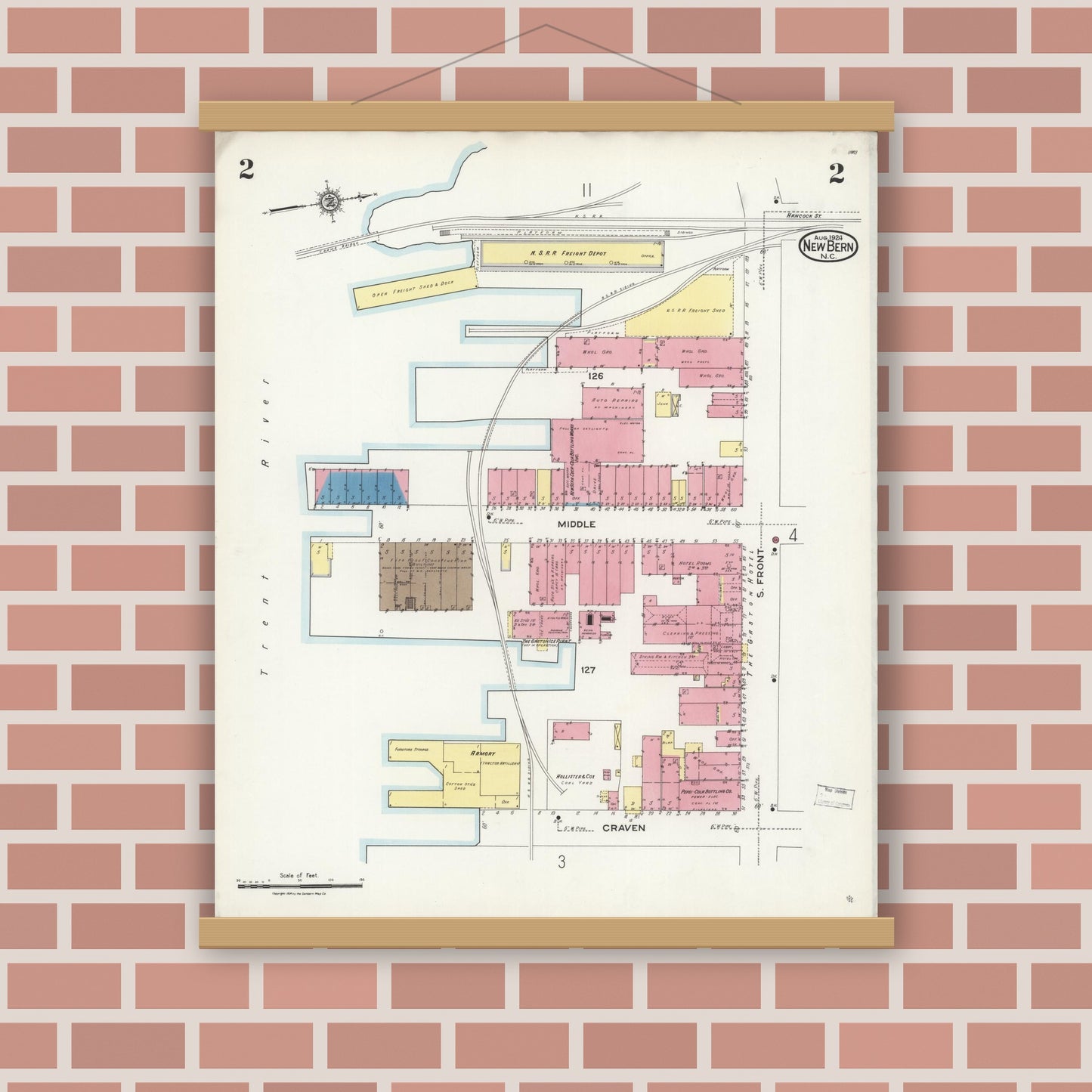 Old map wall art mockup — magnetic wood frame on brick wall — Sanborn Fire Insurance Map from New Bern, Craven County, North Carolina (1924), Sheet #0002