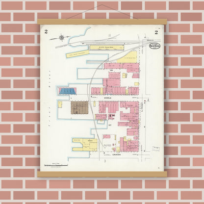 Old map wall art mockup — magnetic wood frame on brick wall — Sanborn Fire Insurance Map from New Bern, Craven County, North Carolina (1924), Sheet #0002