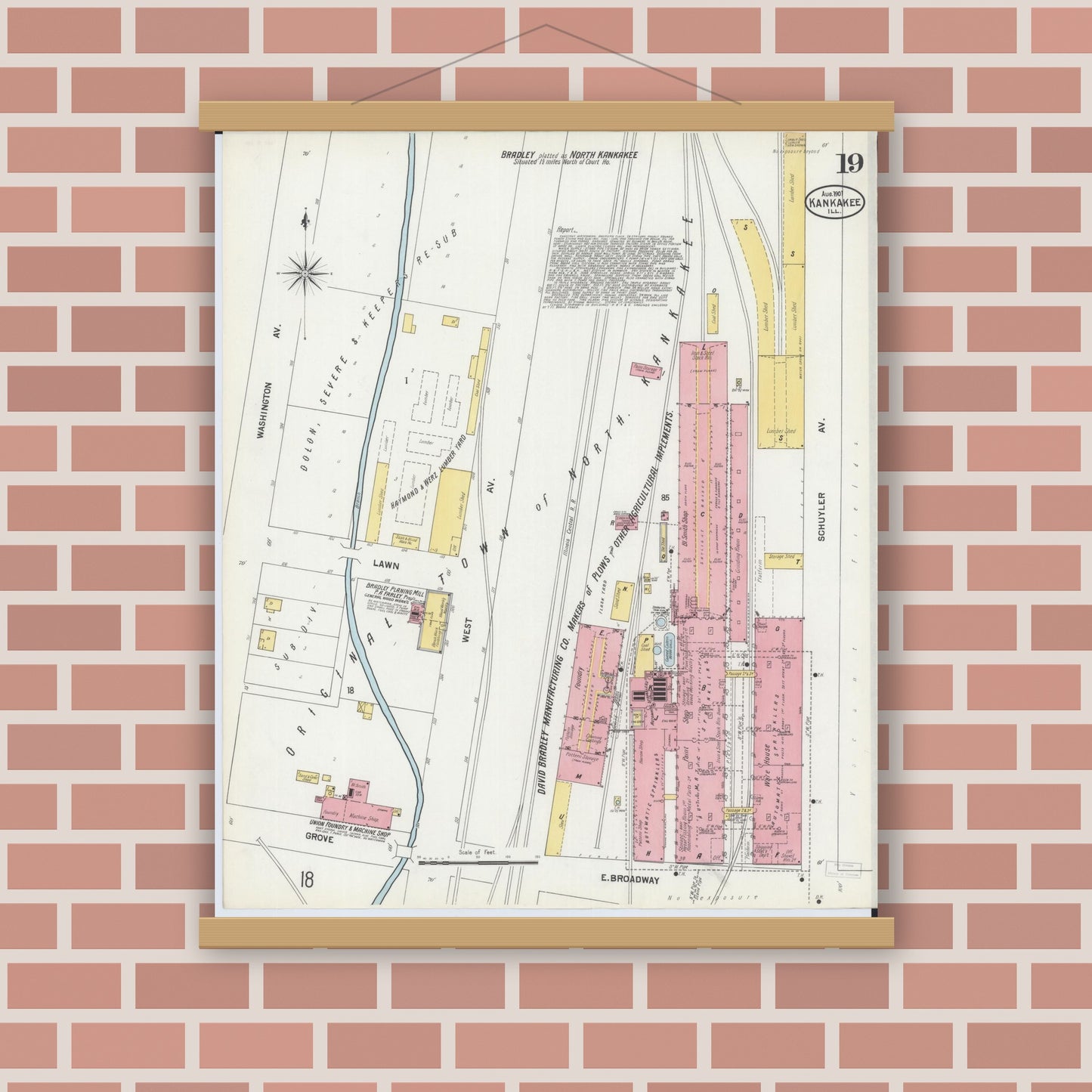 Old map wall art mockup — magnetic wood frame on brick wall — Sanborn Fire Insurance Map from Kankakee, Kankakee County, Illinois (1901), Sheet #0019