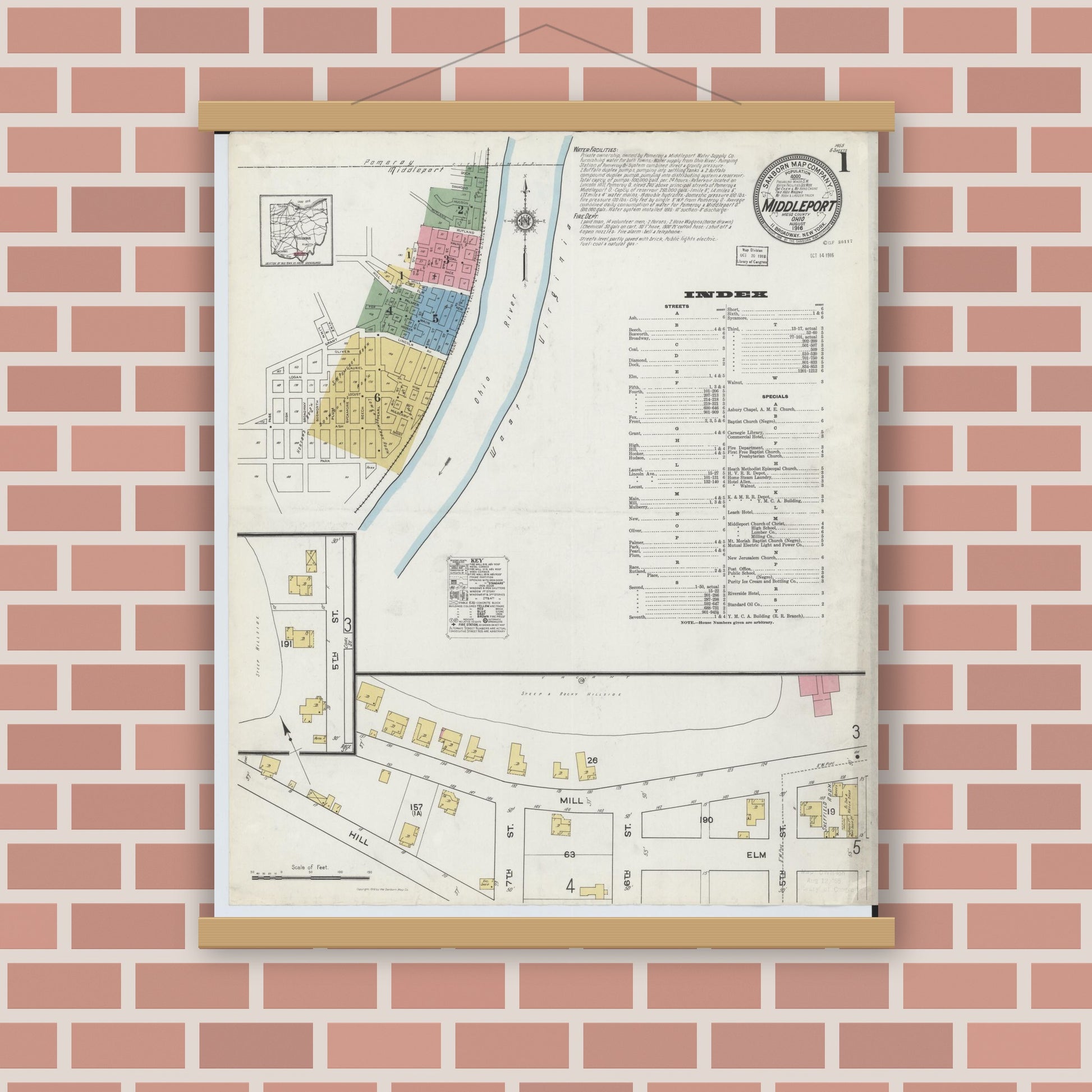Old map wall art mockup — magnetic wood frame on brick wall — Sanborn Fire Insurance Map from Middleport, Meigs County, Ohio (1916), Sheet #0001