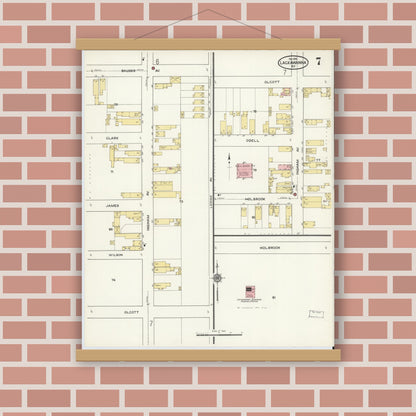 Old map wall art mockup — magnetic wood frame on brick wall — Sanborn Fire Insurance Map from Lackawanna, Erie County, New York (1915), Sheet #0007