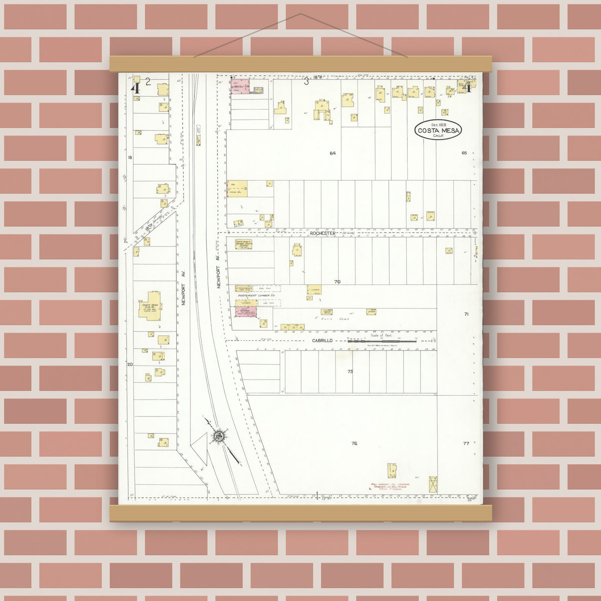 Old map wall art mockup — magnetic wood frame on brick wall — Sanborn Fire Insurance Map from Costa Mesa, Orange County, California (1928), Sheet #0004