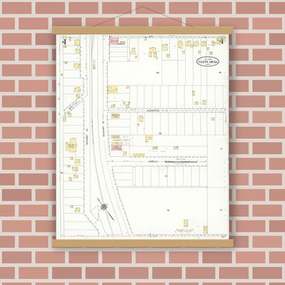 Old map wall art mockup — magnetic wood frame on brick wall — Sanborn Fire Insurance Map from Costa Mesa, Orange County, California (1928), Sheet #0004