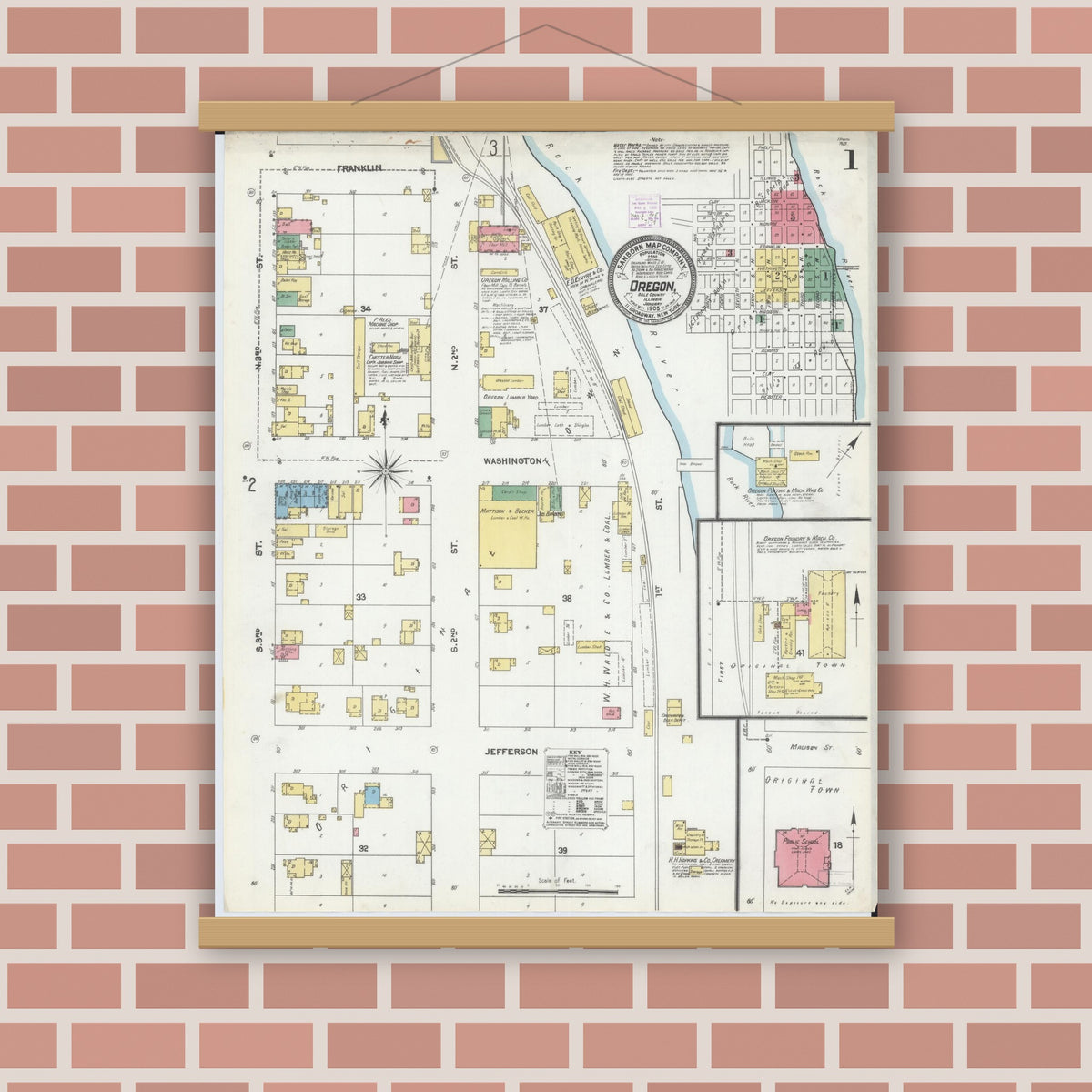Old map wall art mockup — magnetic wood frame on brick wall — Sanborn Fire Insurance Map from Oregon, Ogle County, Illinois (1905) - Complete Map Set