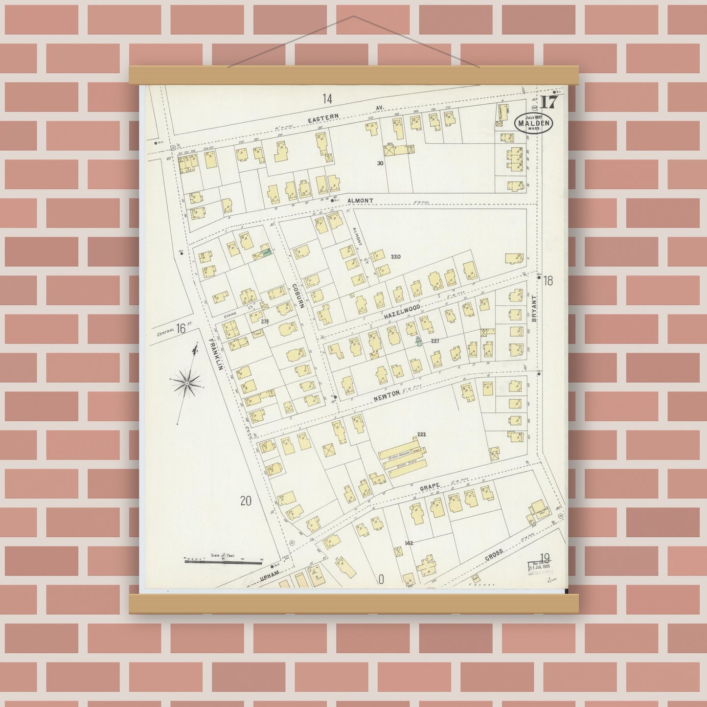 Old map wall art mockup — magnetic wood frame on brick wall — Sanborn Fire Insurance Map from Malden, Middlesex County, Massachusetts (1897), Sheet #0017