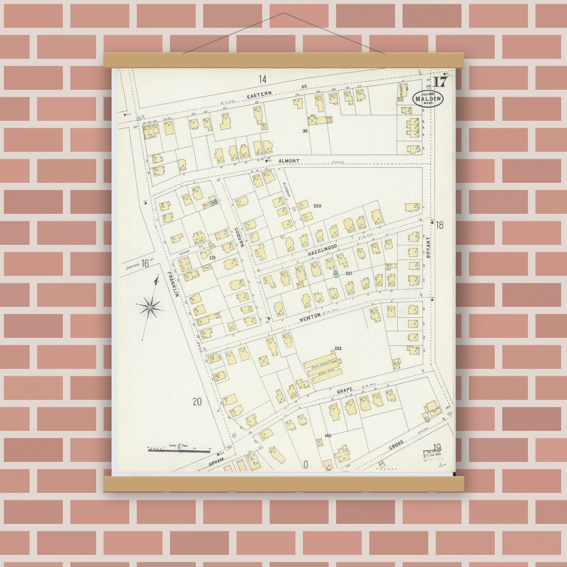 Old map wall art mockup — magnetic wood frame on brick wall — Sanborn Fire Insurance Map from Malden, Middlesex County, Massachusetts (1897), Sheet #0017