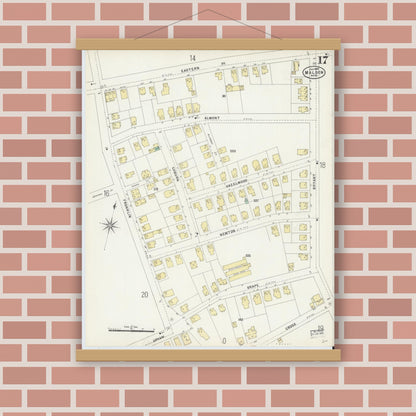 Old map wall art mockup — magnetic wood frame on brick wall — Sanborn Fire Insurance Map from Malden, Middlesex County, Massachusetts (1897), Sheet #0017