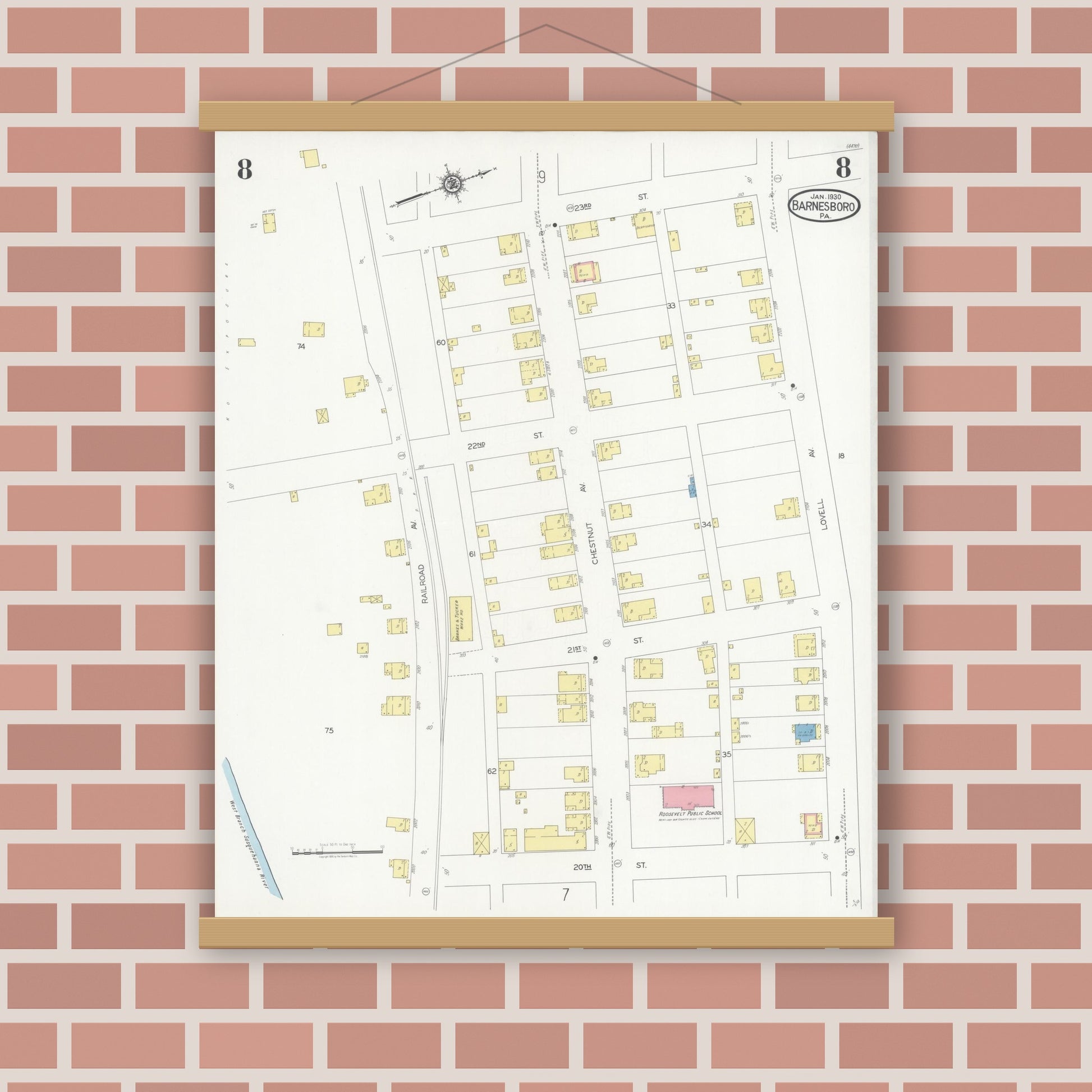 Old map wall art mockup — magnetic wood frame on brick wall — Sanborn Fire Insurance Map from Barnesboro, Cambria County, Pennsylvania (1930), Sheet #0008