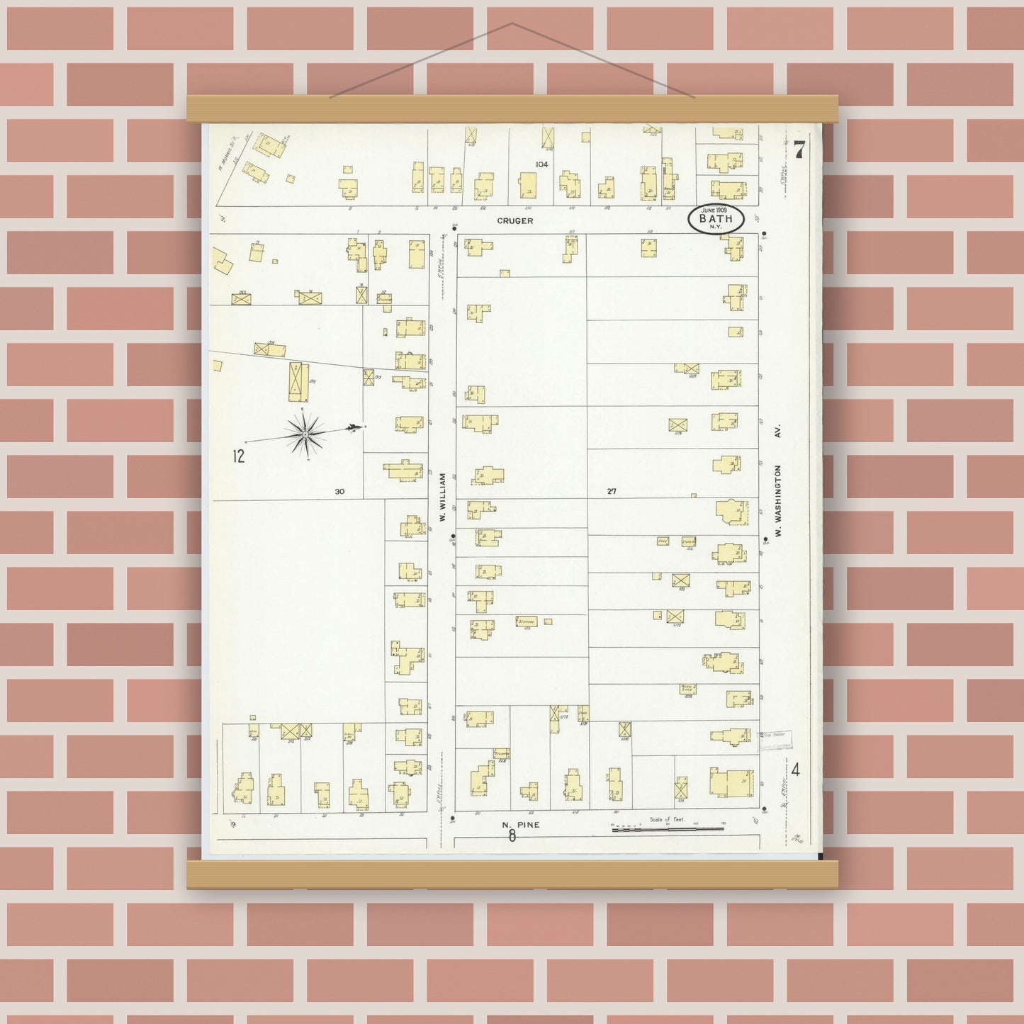 Old map wall art mockup — magnetic wood frame on brick wall — Sanborn Fire Insurance Map from Bath, Steuben County, New York (1909), Sheet #0007