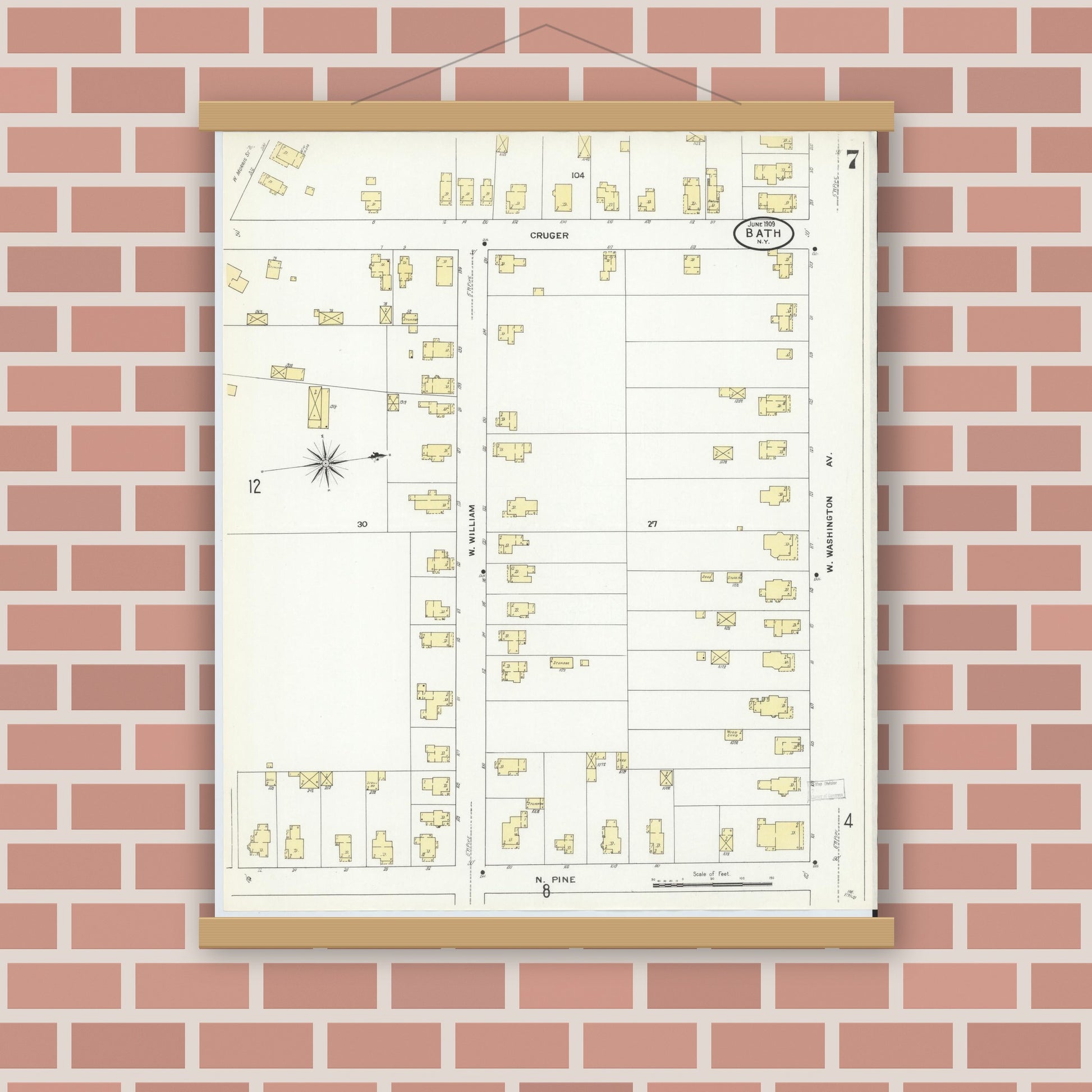 Old map wall art mockup — magnetic wood frame on brick wall — Sanborn Fire Insurance Map from Bath, Steuben County, New York (1909), Sheet #0007