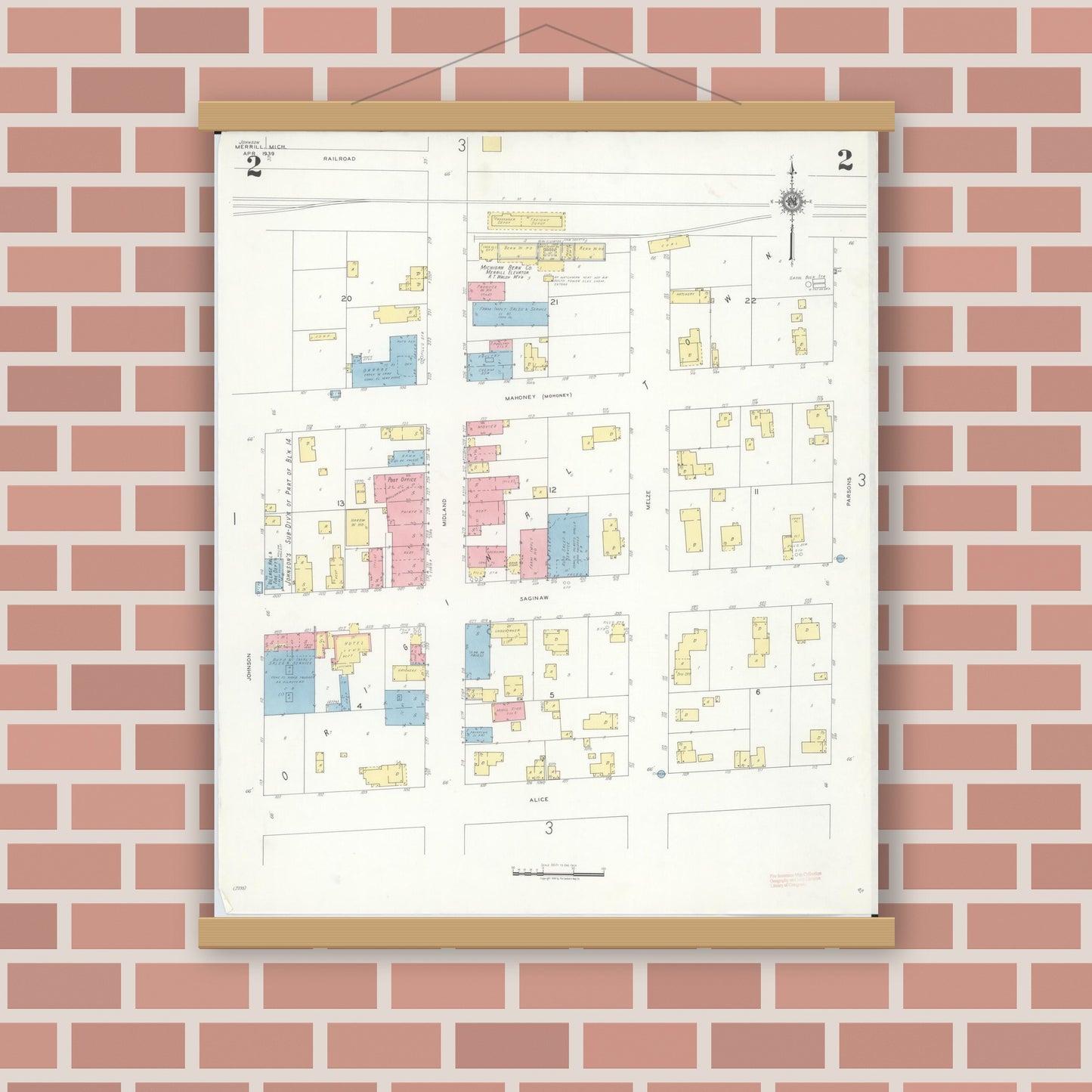 Old map wall art mockup — magnetic wood frame on brick wall — Sanborn Fire Insurance Map from Merrill, Saginaw County, Michigan (1939), Sheet #0002