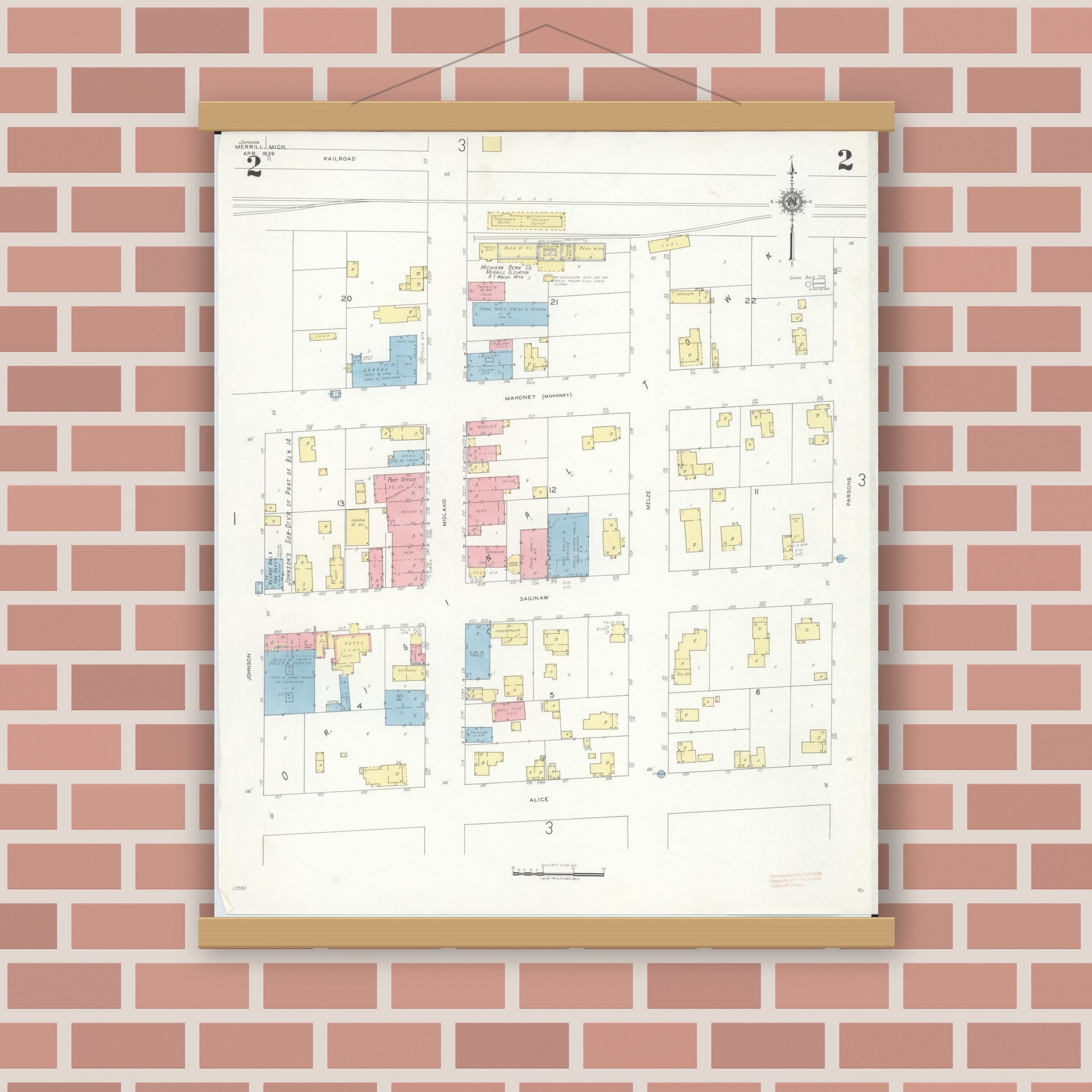 Old map wall art mockup — magnetic wood frame on brick wall — Sanborn Fire Insurance Map from Merrill, Saginaw County, Michigan (1939), Sheet #0002