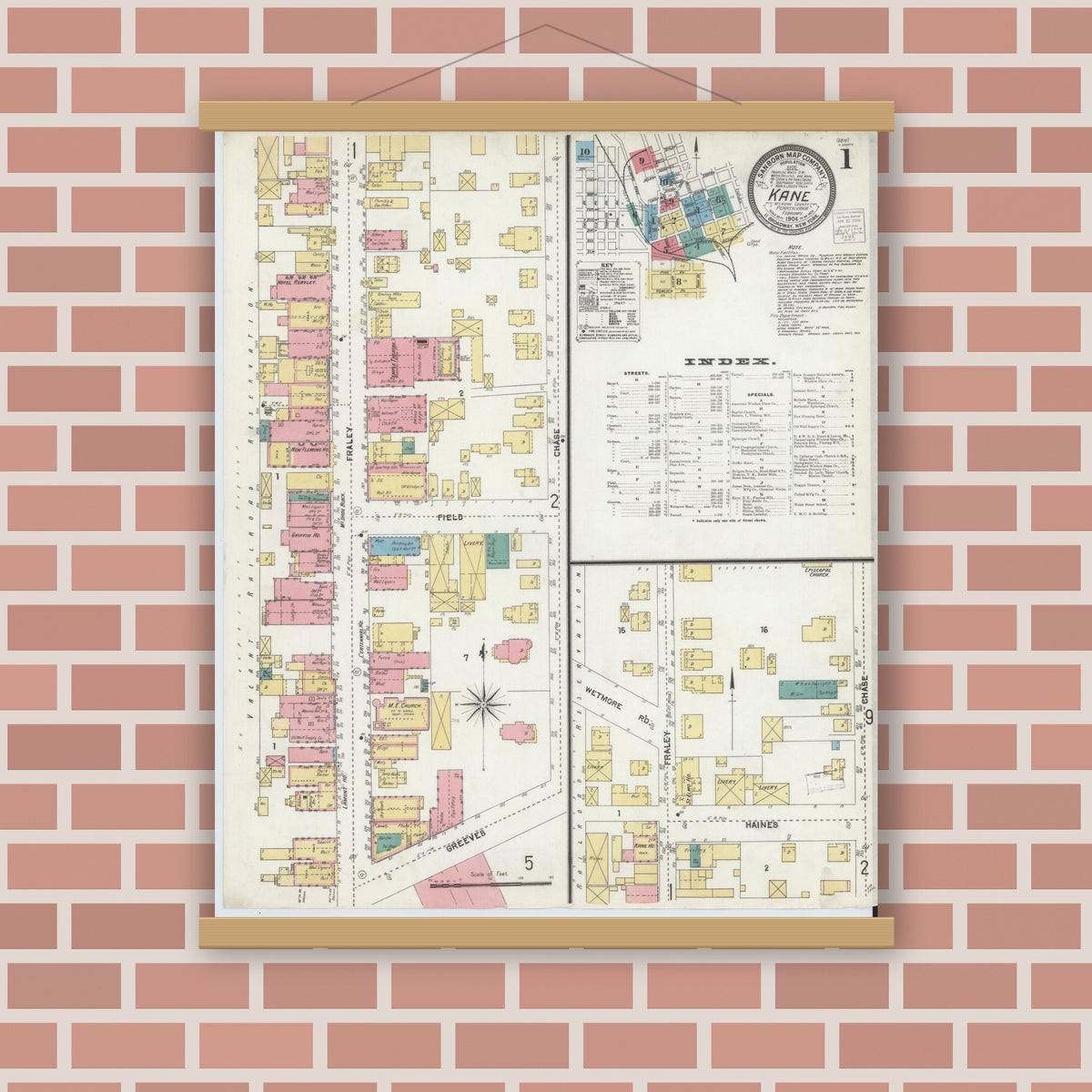 Old map wall art mockup — magnetic wood frame on brick wall — Sanborn Fire Insurance Map from Kane, McKean County, Pennsylvania (1904), Sheet #0001