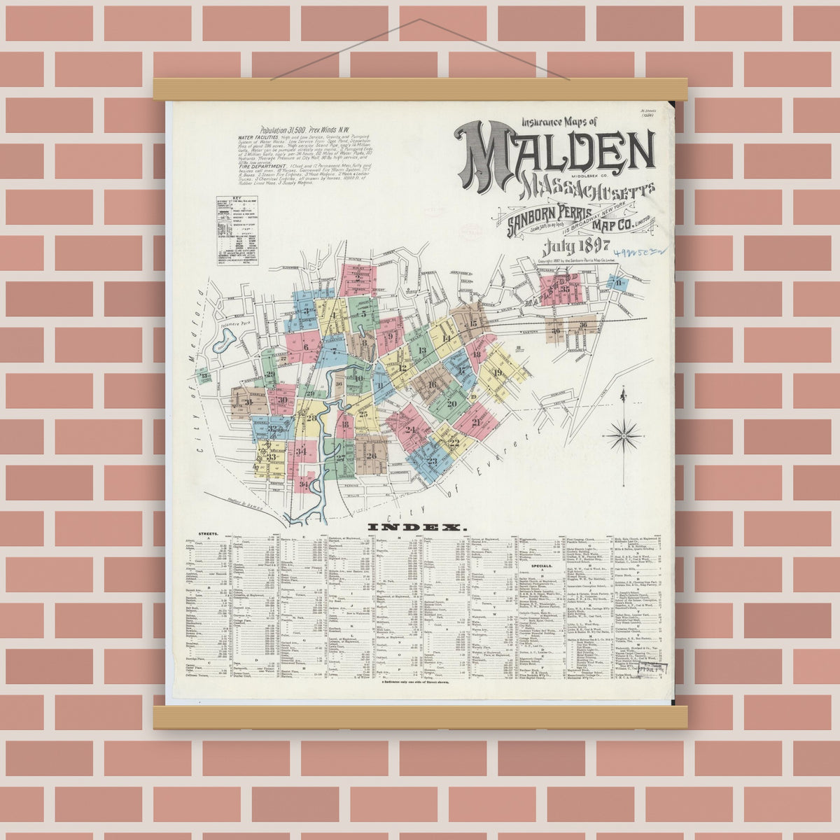 Old map wall art mockup — magnetic wood frame on brick wall — Sanborn Fire Insurance Map from Malden, Middlesex County, Massachusetts (1897), Sheet #0001