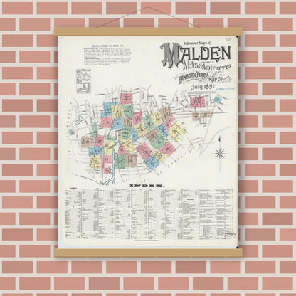 Old map wall art mockup — magnetic wood frame on brick wall — Sanborn Fire Insurance Map from Malden, Middlesex County, Massachusetts (1897), Sheet #0001