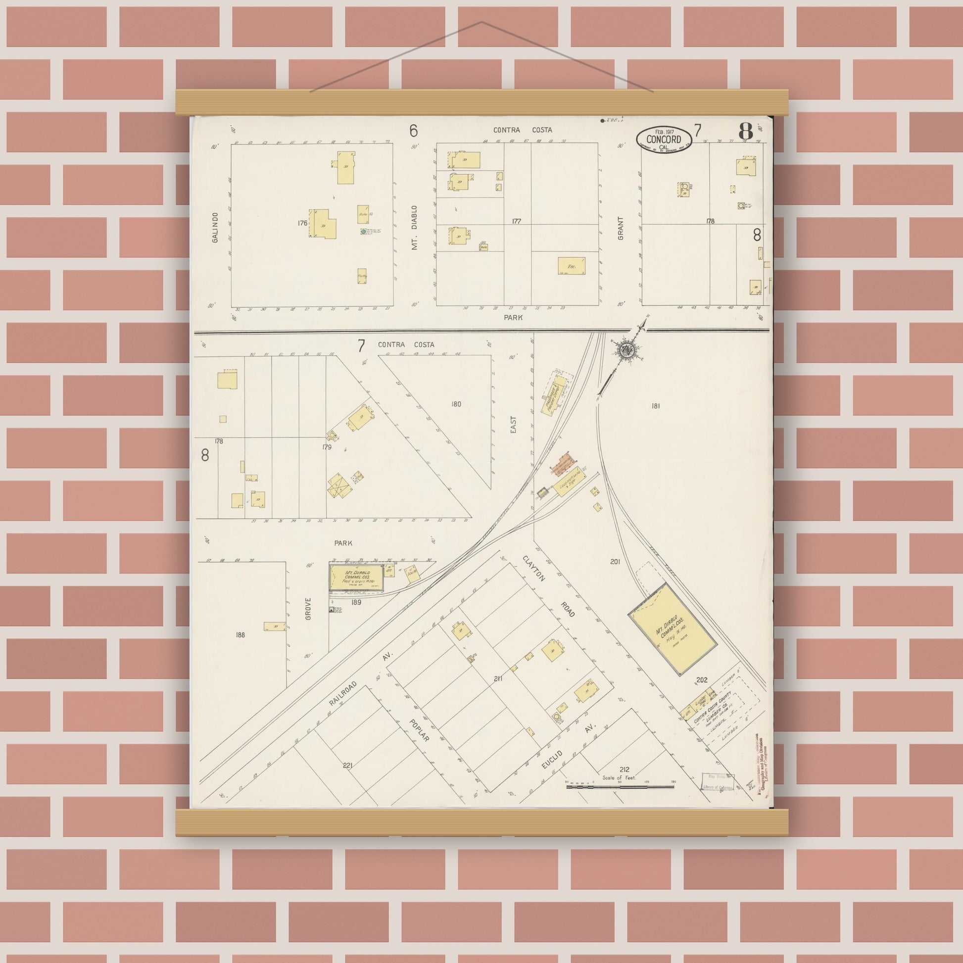 Old map wall art mockup — magnetic wood frame on brick wall — Sanborn Fire Insurance Map from Concord, Contra Costa County, California (1917), Sheet #0008