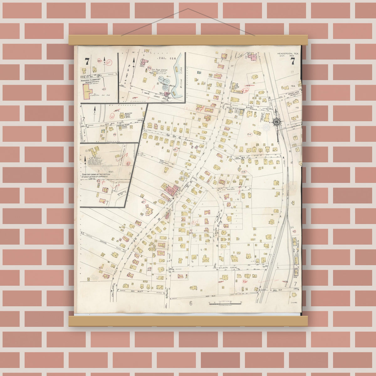 Old map wall art mockup — magnetic wood frame on brick wall — Sanborn Fire Insurance Map from Henderson, Rusk County, Texas (1949), Sheet #0007