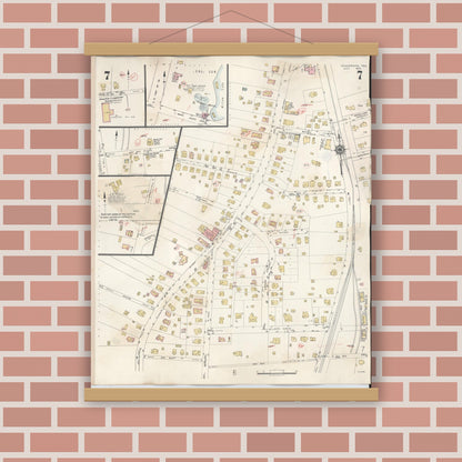 Old map wall art mockup — magnetic wood frame on brick wall — Sanborn Fire Insurance Map from Henderson, Rusk County, Texas (1949), Sheet #0007
